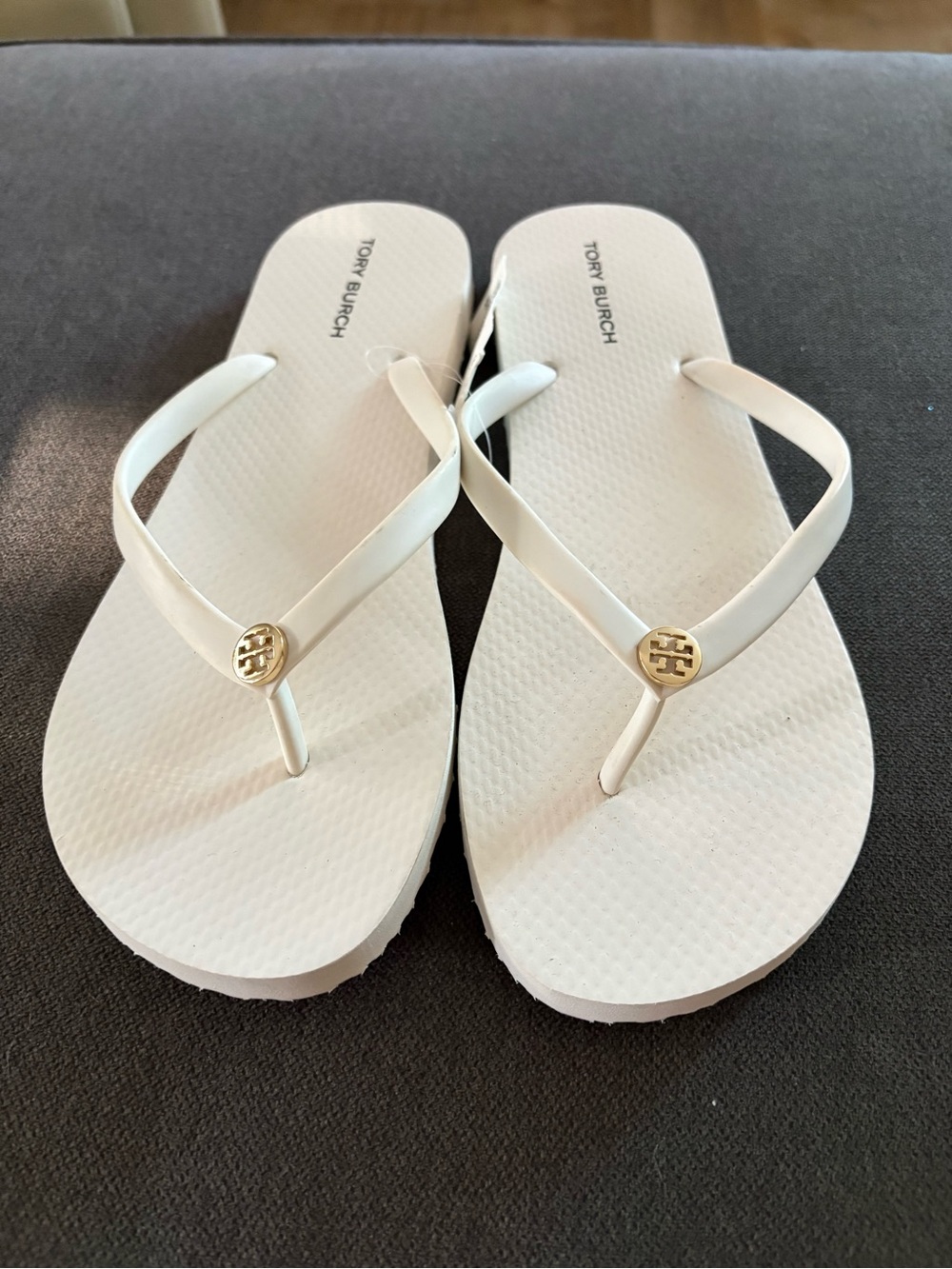 Tory Burch White Thong Sandals with Gold Logo